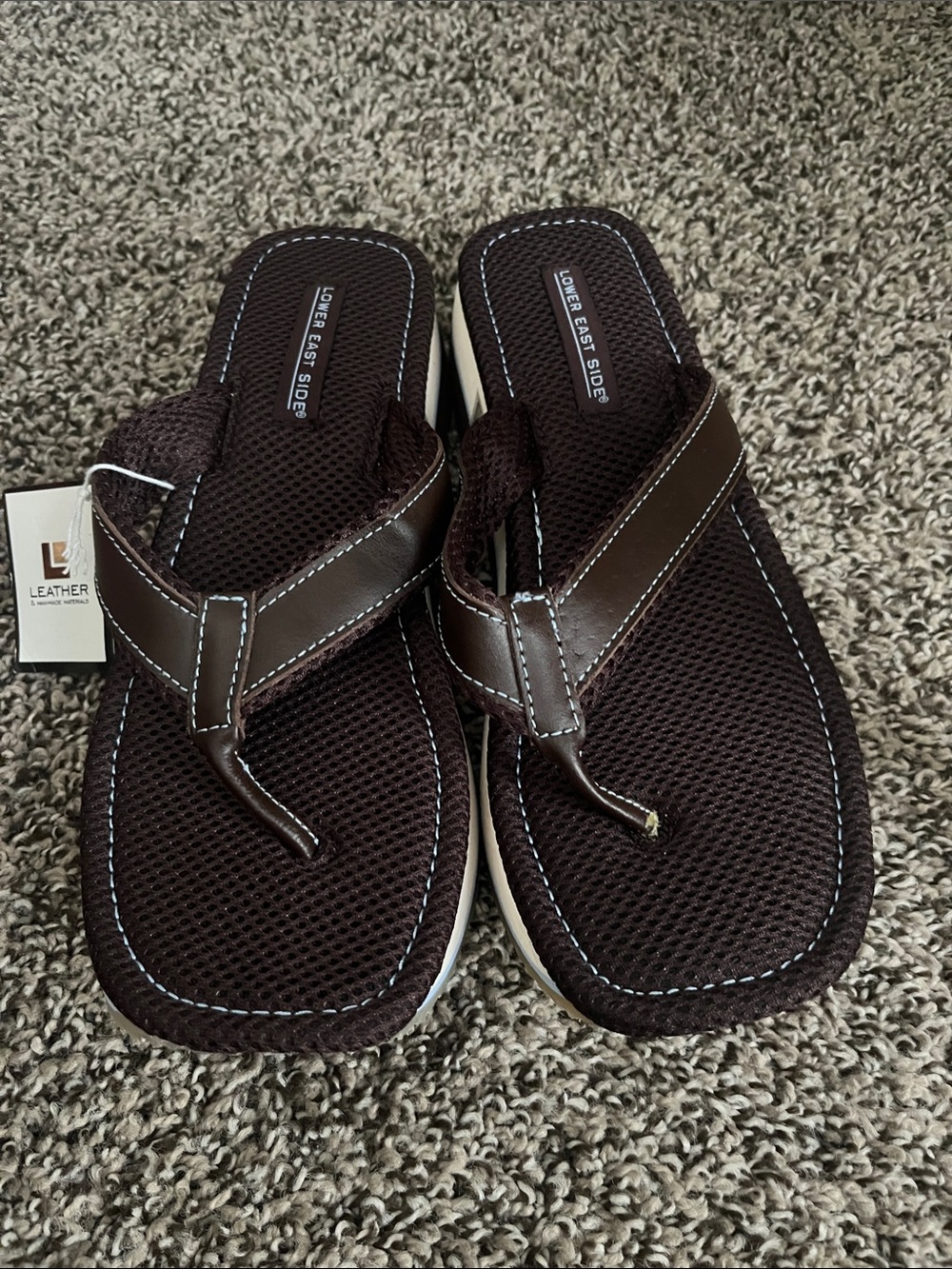 LOWER EAST SIDE Men's Dark Brown Mesh & Leather Flip-Flops